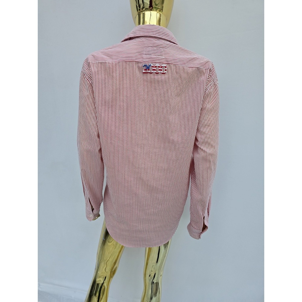 Y2K Get Lucky Patriotic American Flag Patches Button up Shirt Medium Red Stripes - Picture 5 of 6